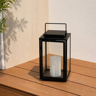 H12 Inch Modern Solar Outdoor Lantern With Flickering Led Candle Black Metal Lantern With Tempered Glass, Minimalist Decorative Lantern For Patio Porch Garden