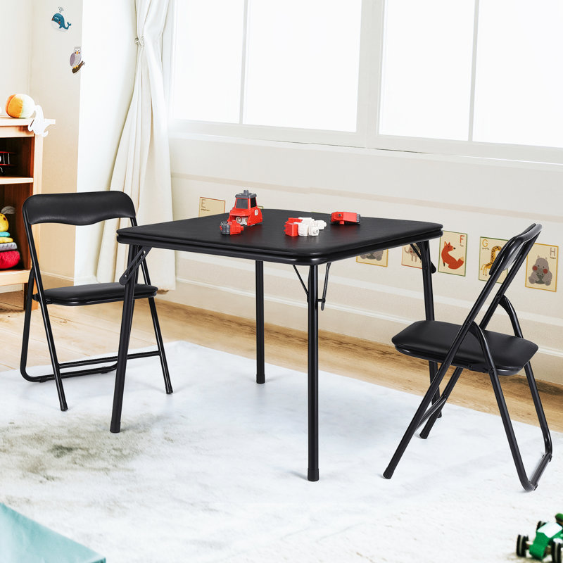 Kids Foldable Table and Chair Set, Padded Square Activity Table with 2 Upholstered Chairs, Portable Metal Frame with Safety Features