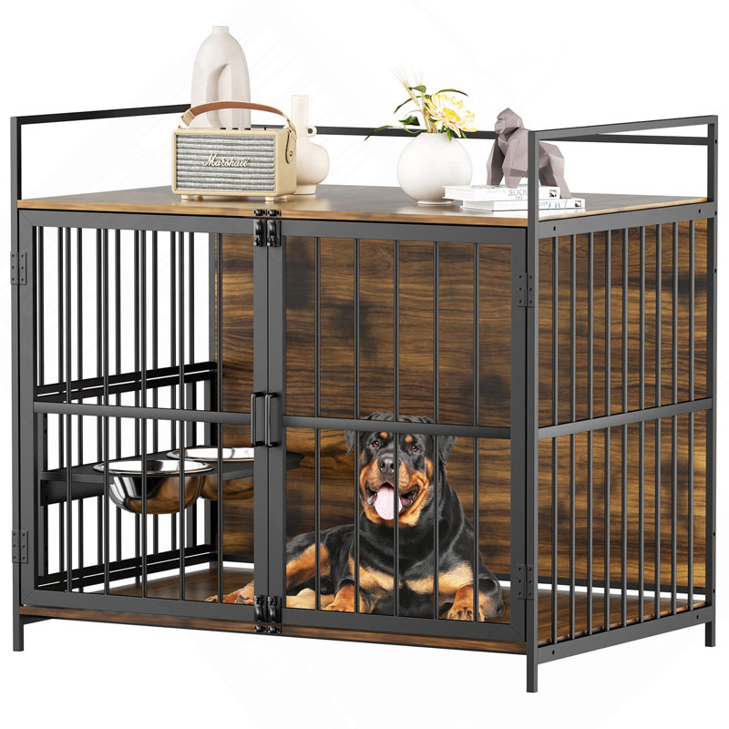 Grande cage pour chien de style meuble avec mangeoire surélevée à 360 ° pour chiens 48 "