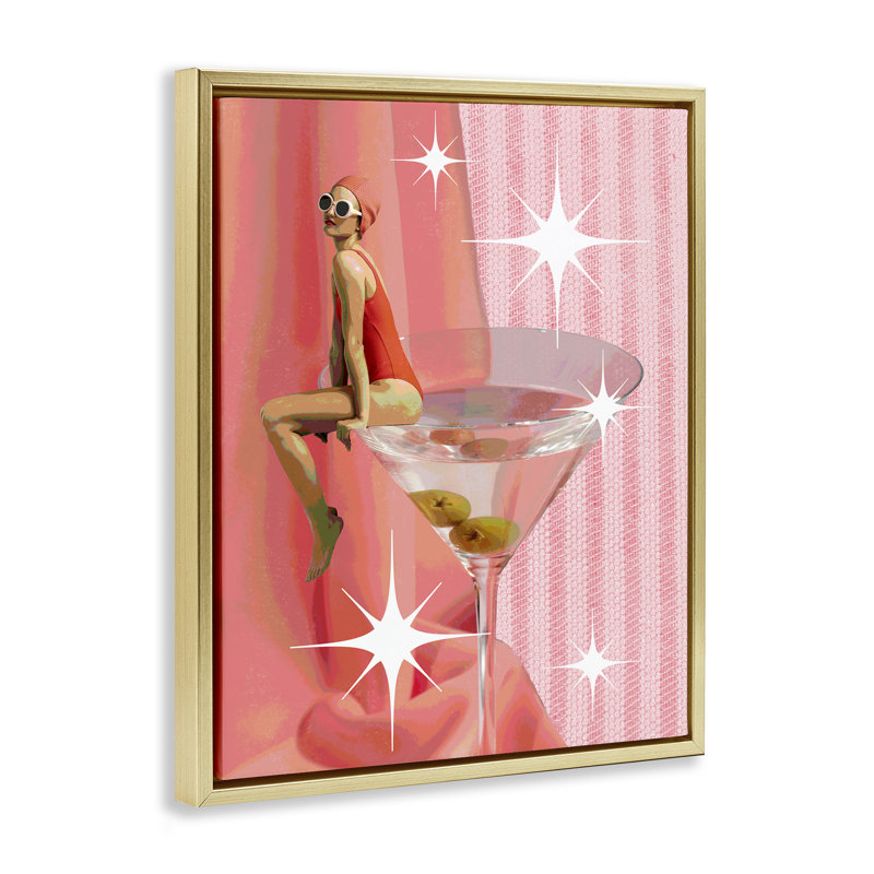  «Vintage Swimmer on Drink» par Daphne Polselli, H 21 po x l 17 po, Cadre flottant métallique doré