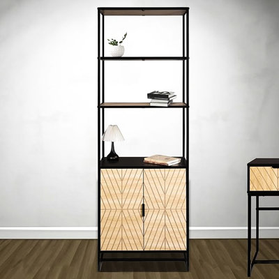 Coastal Modern 6 Book Shelf With Storage Capacity, Black Frame Natural Wood, Ideal For Living Room Setup, 24"L Shelf, Construction Ample Storage, Home Office