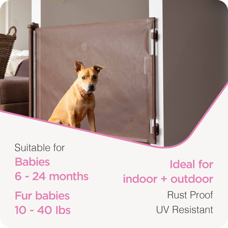 Brown Retractable Stairway Pet Safety Gate with Mesh Fabric