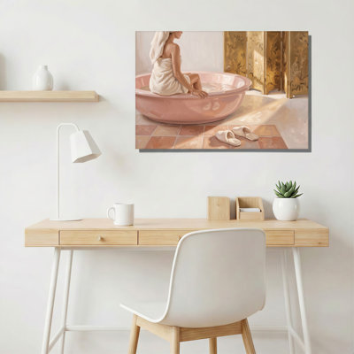 Woman in Pink Bathtub with Gold Floral Screen and Slippers Canvas Wall Art
