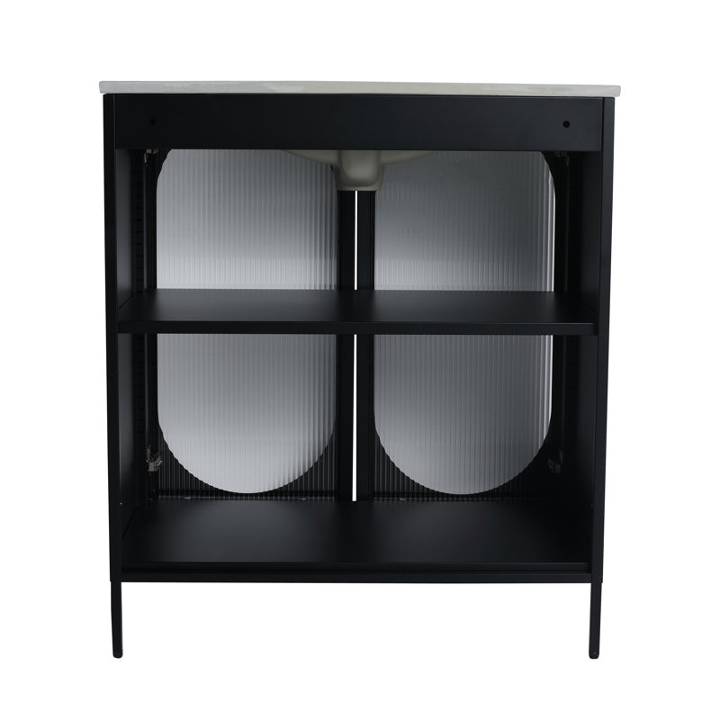 Base de meuble-lavabo autoportant de 30 pouces de couleur noire, construction en acier avec cloison de rangement ouverte, capacité de 180 lb