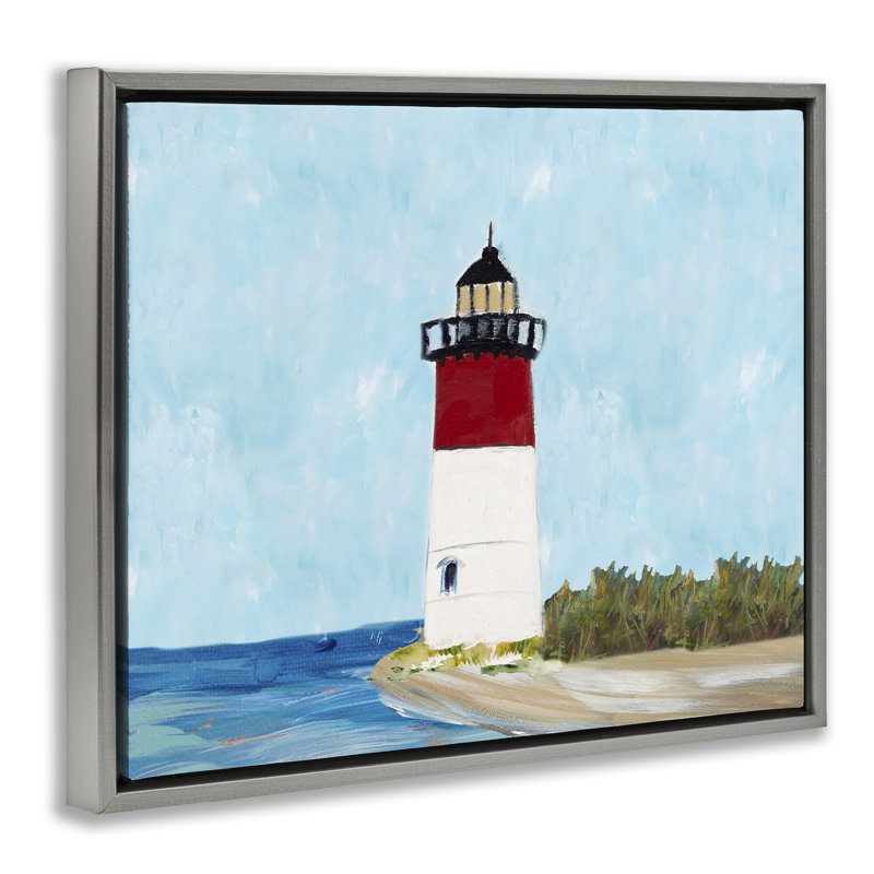 Art mural sur toile encadrée "Phare côtier sur bleu" par Julie Derice, Cadre flottant gris lustré, H 25 po x l 31 po