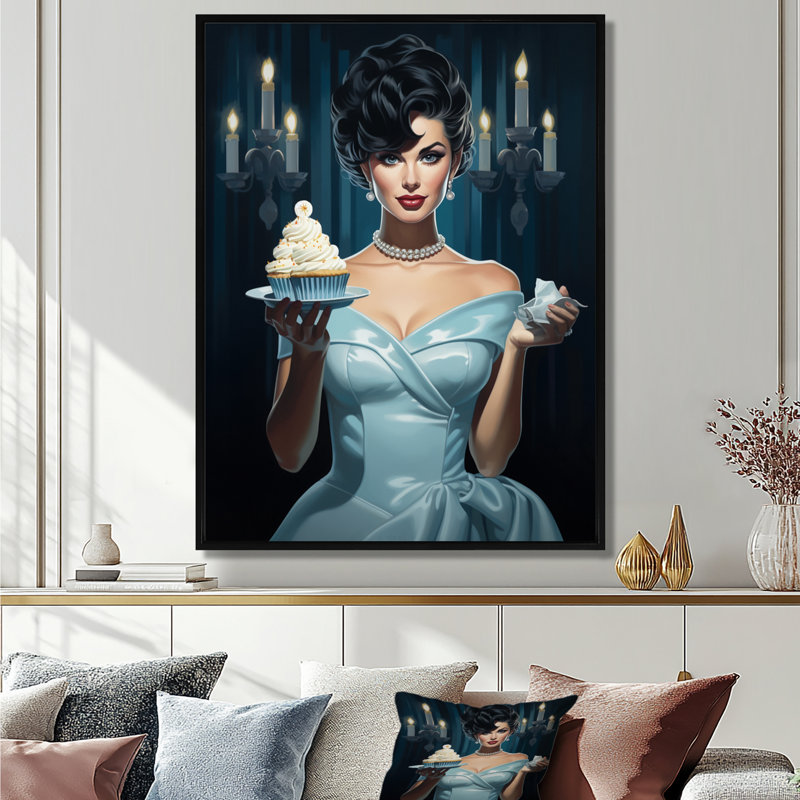 Élégante dame avec une robe bleue et des petits gâteaux - femme, art mural, Toile noire avec cadre flottant