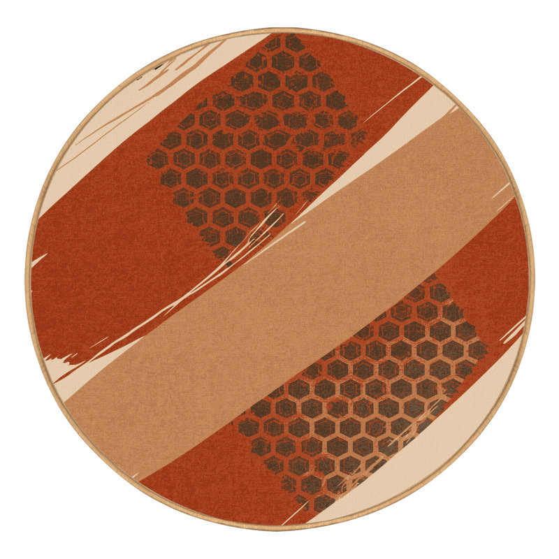 Tapis bohème géométrique brun lavable à la machine Roslindale - reliure brun clair, Rond 5 pi