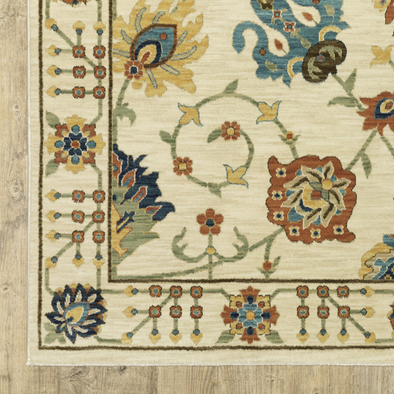 Tapis floral en polypropylène tissé à la machine ivoire / bleu / orange, Rectangle 2 pi x 3 pi