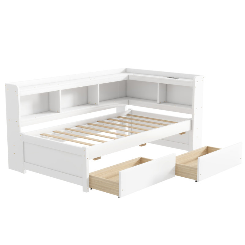 Lit simple en forme de L blanc avec bibliothèques, charge et deux tiroirs - Espace de rangement optimisé, prises de courant encastrées de qualité