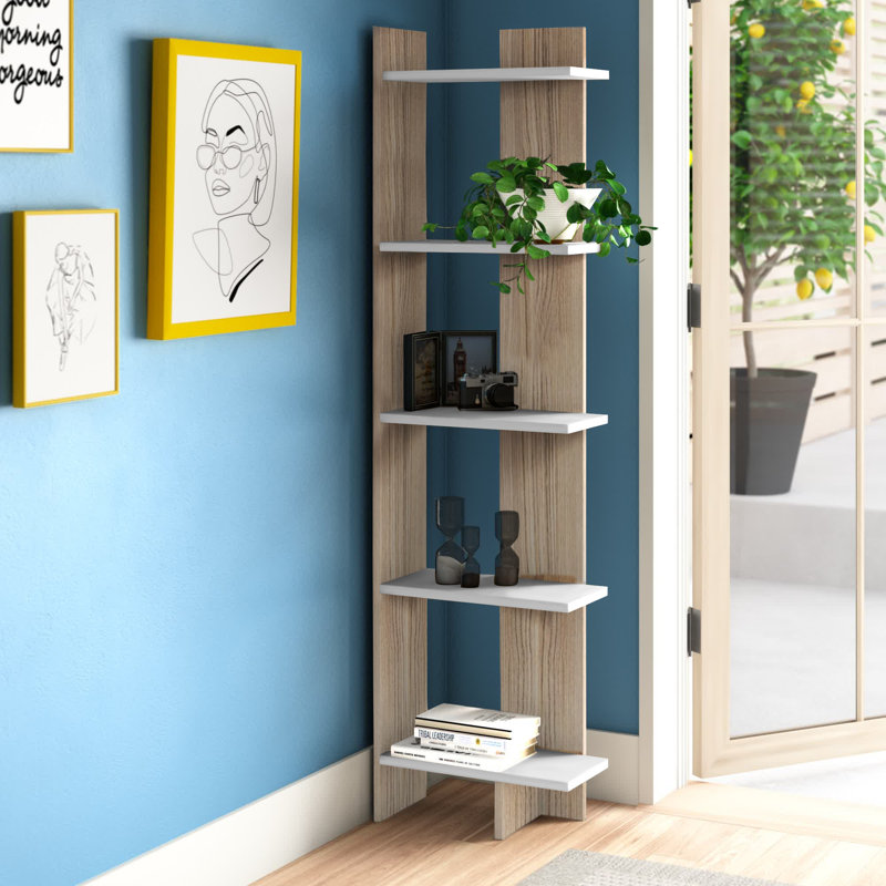Deddrick Corner Bookcase, White/Cordoba, (5 Shelves) 67" H x 18" W x 9" D