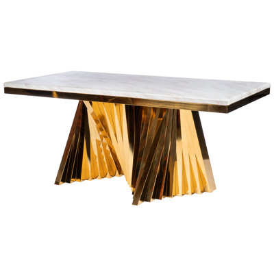 Waterfall Rectangular Marble Top Writing Desk in Gold Stainless Steel Base – Modern Luxury Workspace Statement Piece