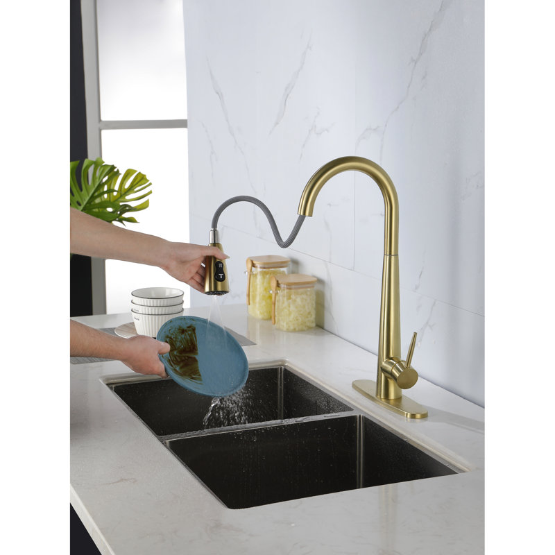 Brushed Gold, Single Handle, Kitchen Sink Faucet, Pull Down , Stainless Steel Build, 360 Rotating Nozzle, Three Water Output Choices, Bubble - Rich Aerators, Rust Finish Steel, Options, Treatment,