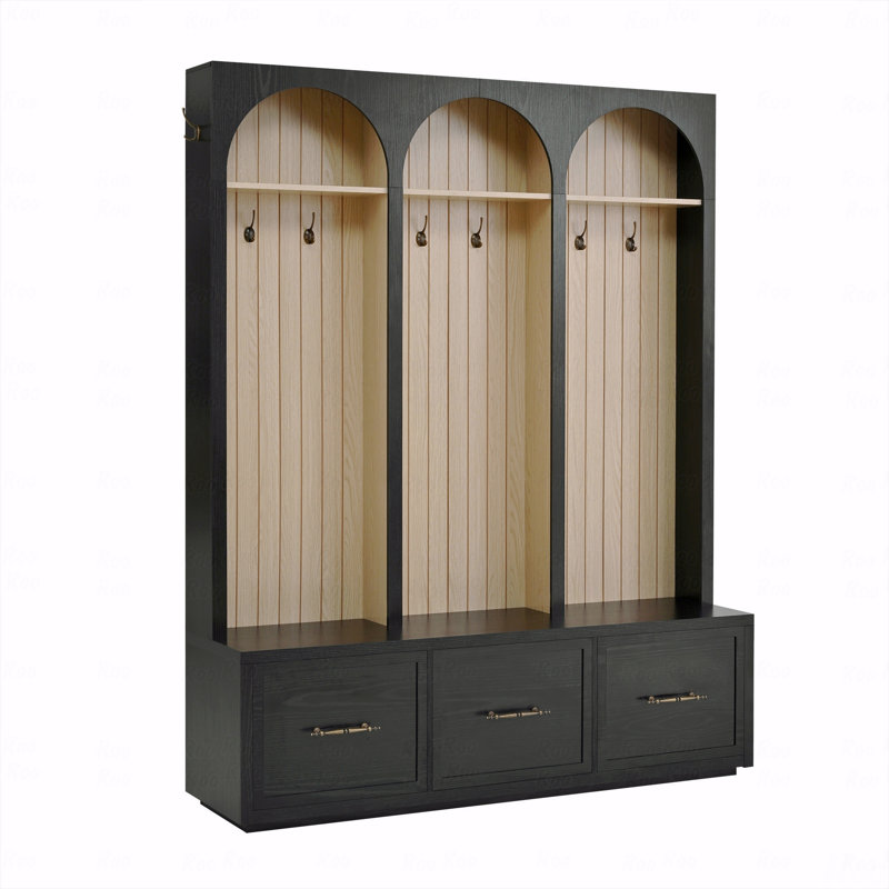 Black Farmhouse Hall Tree with Arched Design, 3 Drawers & 8 Hooks, Black