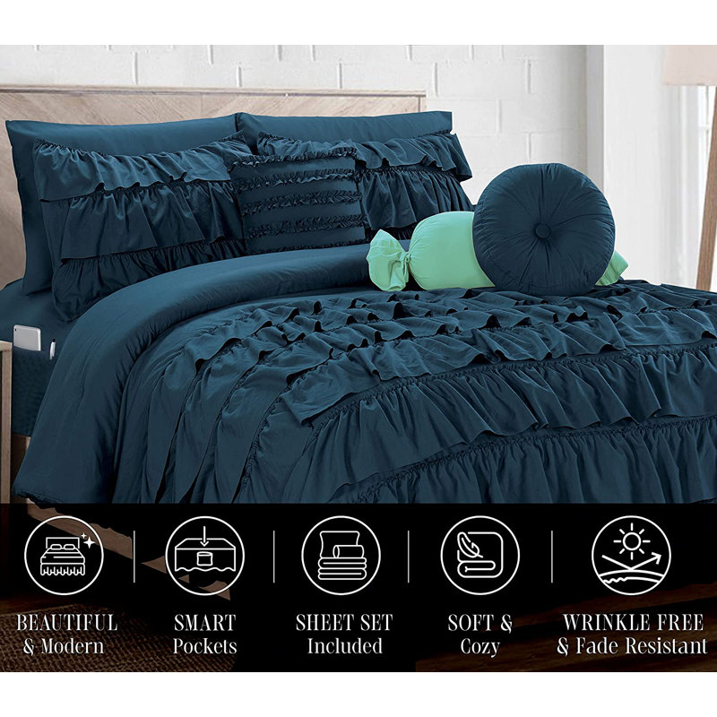 Elegant Comfort Ring Stitch Comforter, Navy, Twin Extra Long Comforter + 7 Additional Pieces