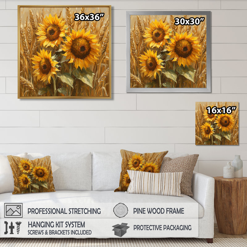 Dorell Sunflowers In The Wheat Barnyard VI, H 16 po x l 16 po, Reproduction encadrée d'une seule photo, Doré