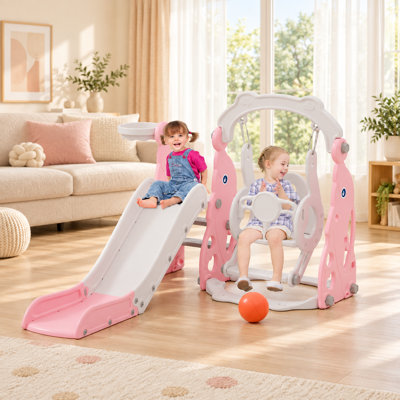 4 In 1 Kids Slide Swing Set With Basketball Hoop Ring Toss For Indoor Outdoor Use