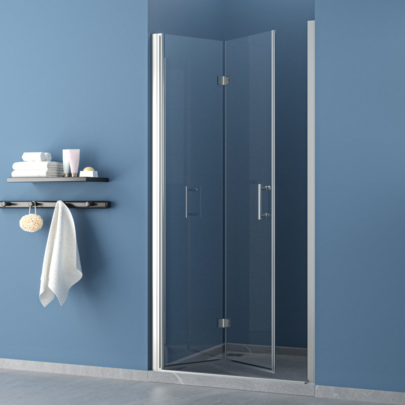 34 in.W x 72 in.H Bifold Frameless Glass Shower Door 1/4 in. Fold Glass Pivot Swing Shower Door, Brushed Silver