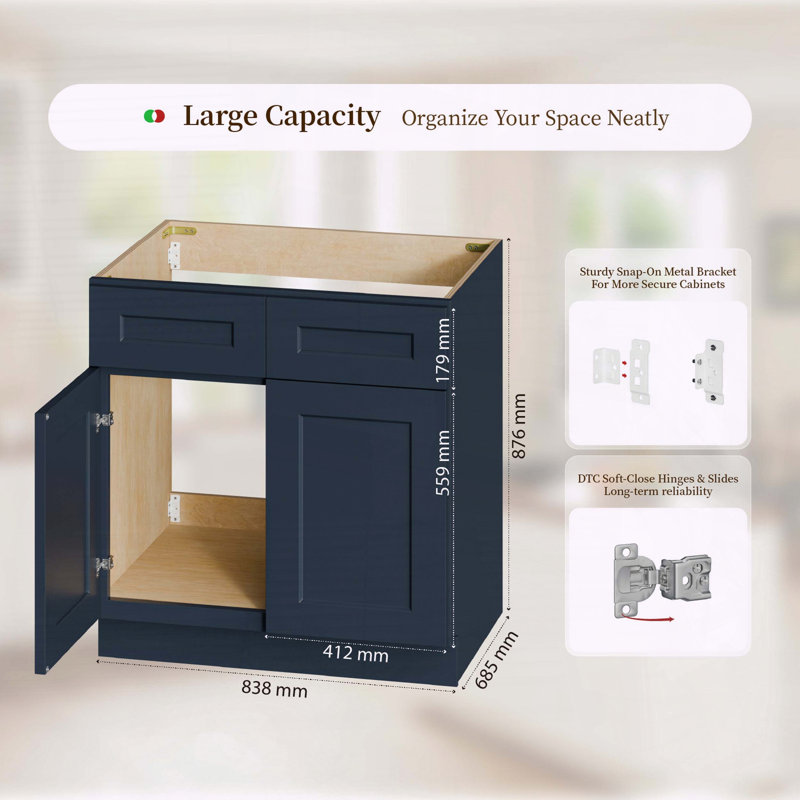 Armoire de base pour évier de cuisine Shaker RTA 33, H 34,5 po x l 33 po x P 24 po
