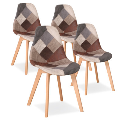 40.5cm Patchwork Linen Nordic style Dining Chairs with Solid Wood Legs