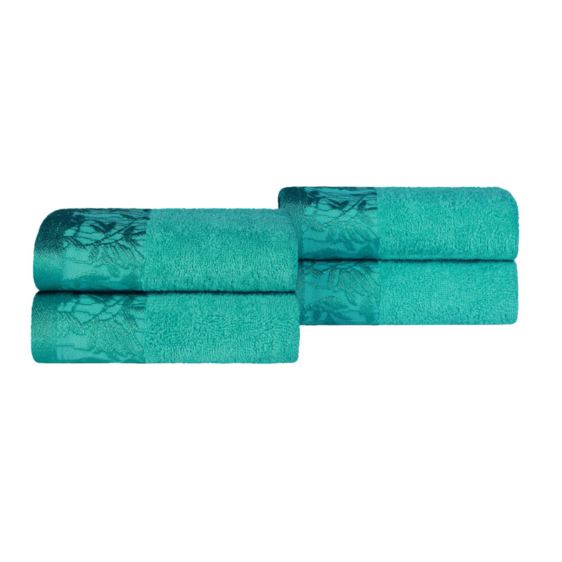 Turquoise Cotton Floral Jacquard Border Hand Towels Set of 4