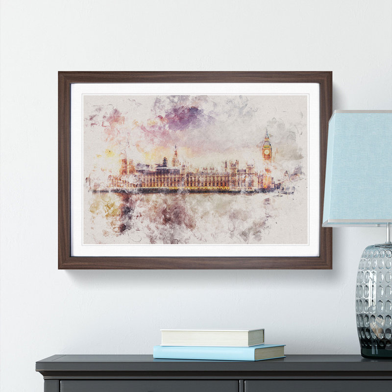 Big Ben & Houses of Parliament Watercolour - Picture Frame Graphic Art Print, Walnut Framed, 40cm H x 60cm W x 2cm D