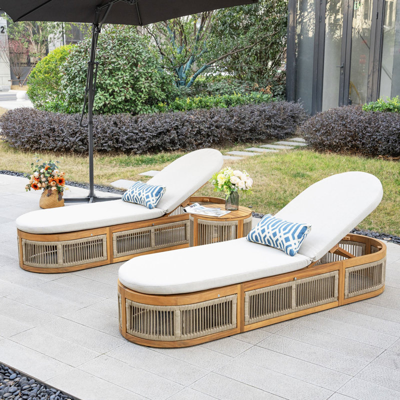 Karyne Acacia Reclining Outdoor Chaise Lounge Set With Cushions And Table