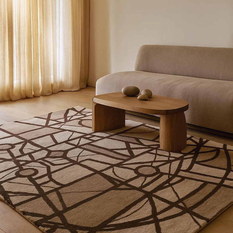 Tapis à motif géométrique abstrait en laine touffeté à la main brun, beige et brun clair Ailey