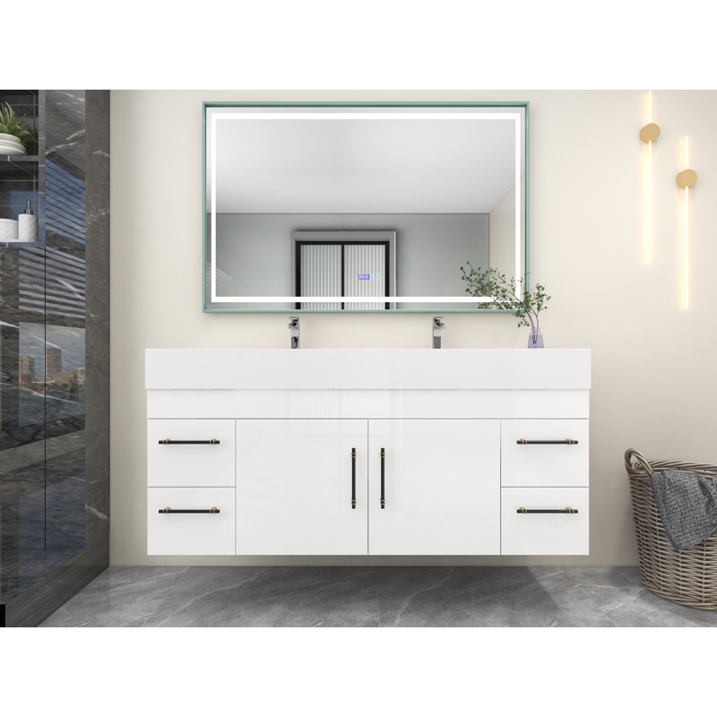 60" Double Sink Bathroom Vanity Set, High Gloss White