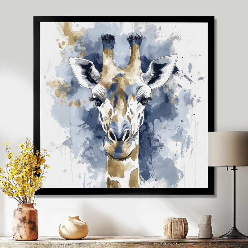 «Blue and Gold Giraffe Portrait I - Girafe», art mural, Reproduction encadrée, H 30 po x l 30 po, Noir