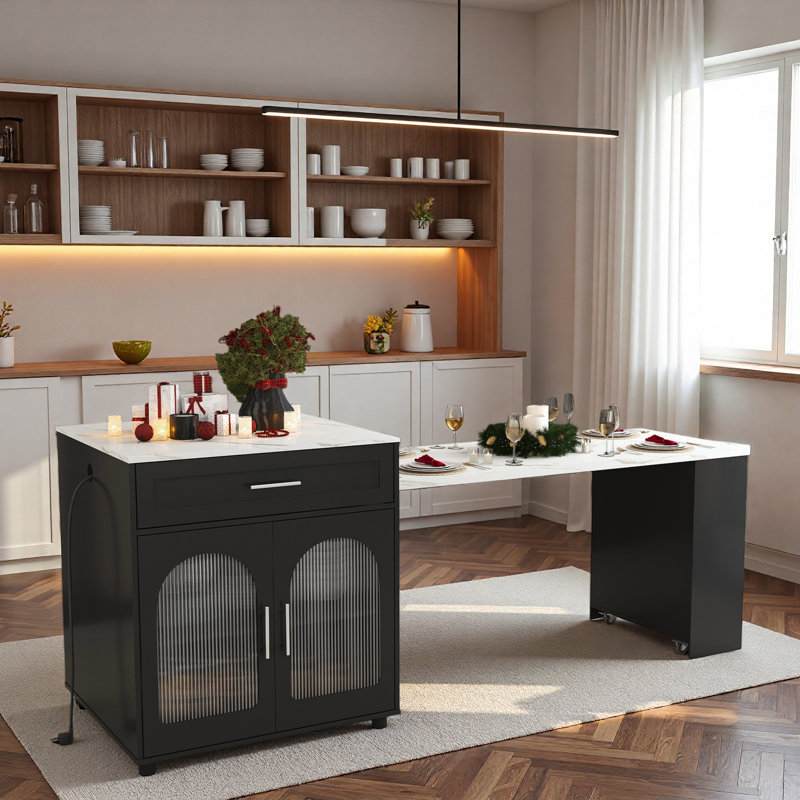 Expandable Kitchen Island With Dining Table, Power Outlet, 2 Drawers, Open Shelves And Movable Wheels, Black
