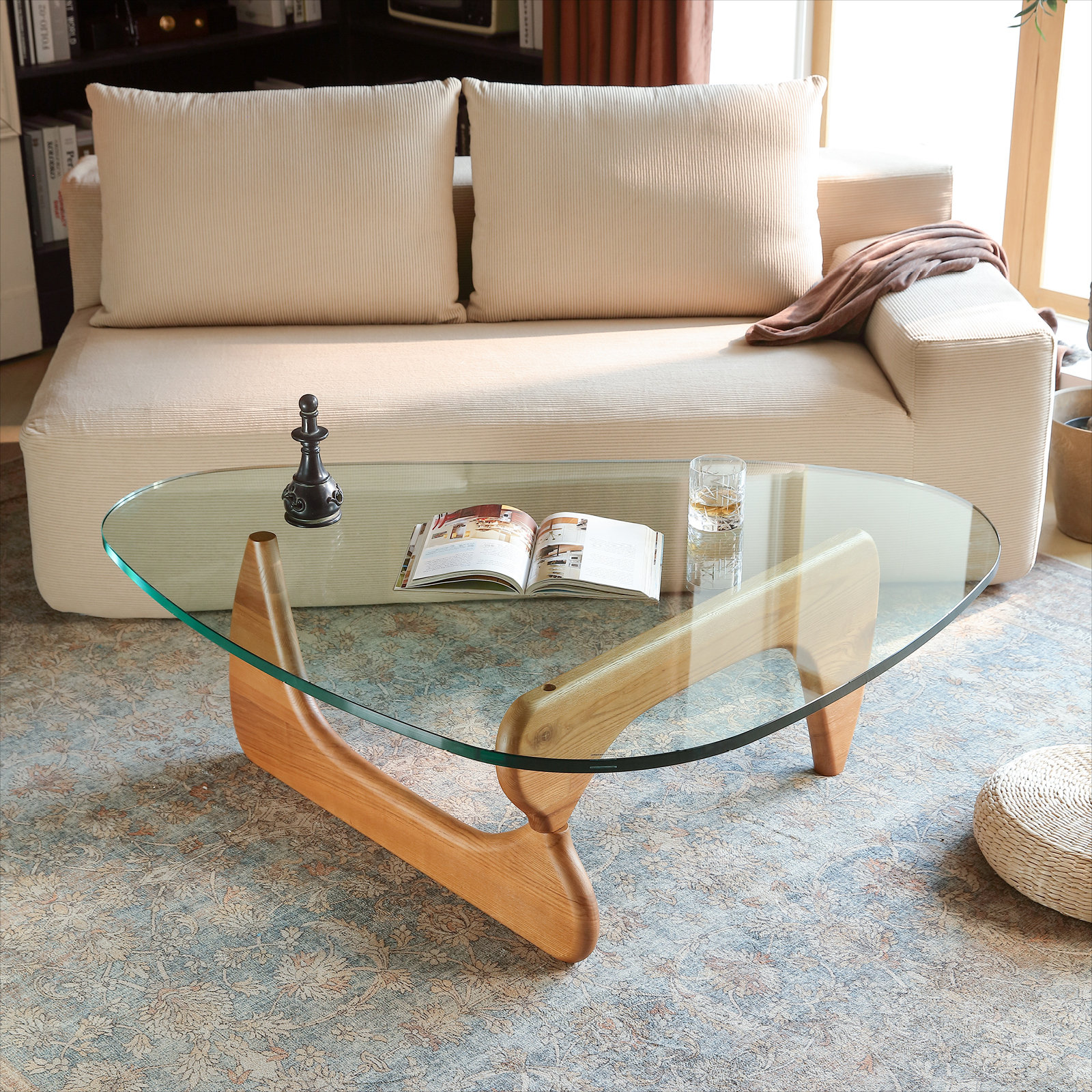 Modern Triangle Glass Coffee Table – Clear Top with Wood or Metal Base for Living Room