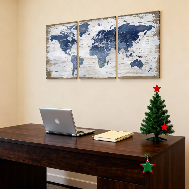 Carte du monde bleue et blanche, style rustique, ensemble de 3 tableaux sur toile tendue, H 30 po x l 60 po