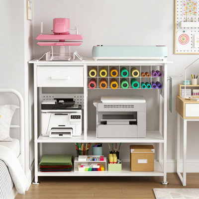 Grande table de presse à chaud avec station de charge, chariot de bureau à support de presse à chaleur mobile avec rangement et tiroir en vinyle, établi en métal pour sublimation, t-shirts et casquettes de transfert de chaleur