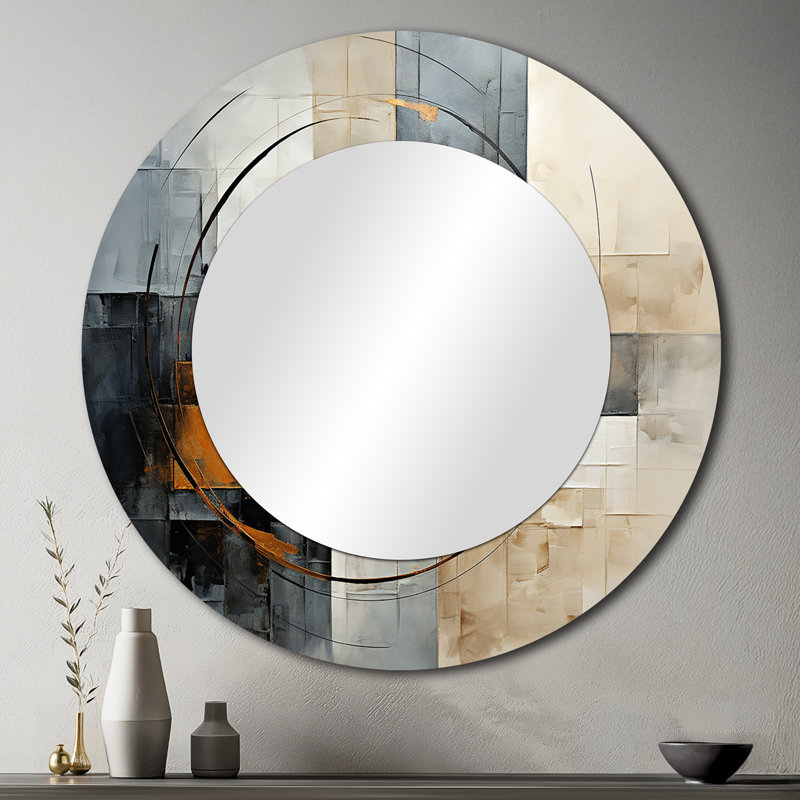 Gold Grey Gleaming Geometry VI - Abstract Collages Round Mirror Wall Decor, 36" x 36"