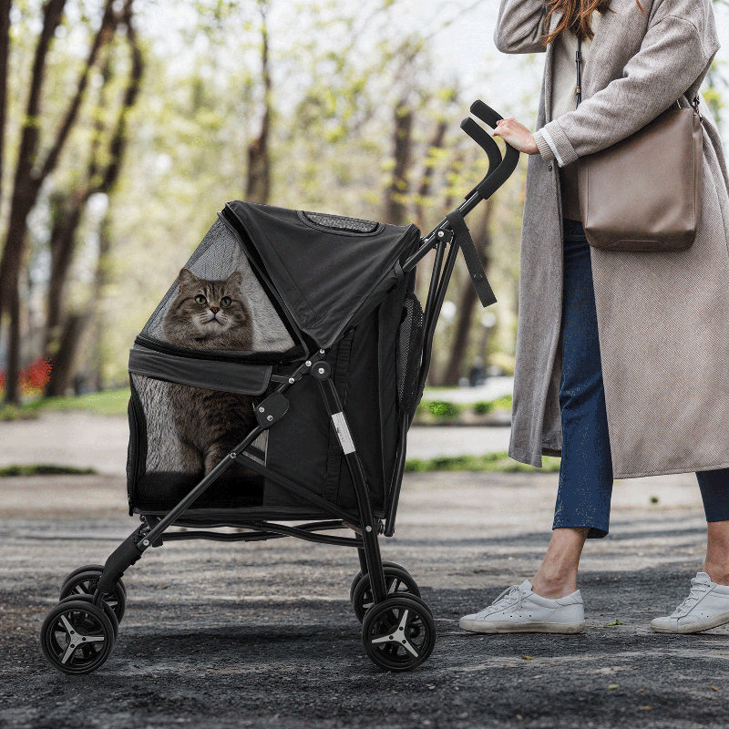 Black Steel Foldable Pet Stroller with Rubber Wheels