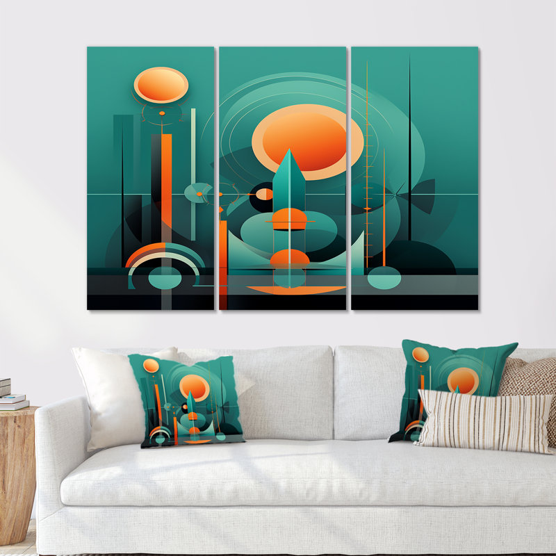 Ensemble d'art mural rétro moderne pleine lune City I - Mid-Century, H 28 po x l 36 po x P 1 po, Toile tendue