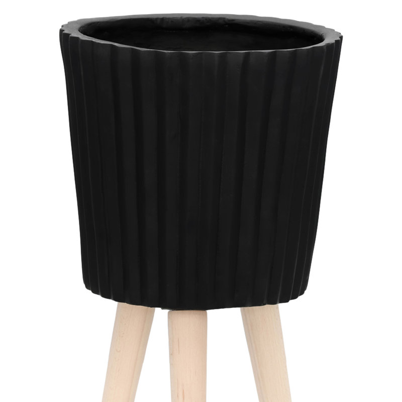 Élégant pot à fleurs noir de 10 po avec pieds en bois pour le porche et la maison à poteaux striés de 12 po, plantes succulentes et fleurs