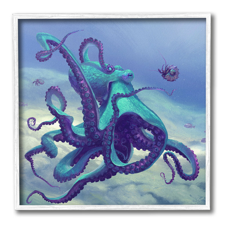 Pieuvre sous l'eau vive, estampe numérique par vadrouille, H 24 po x l 24 po, Giclée encadrée blanc bord de mer