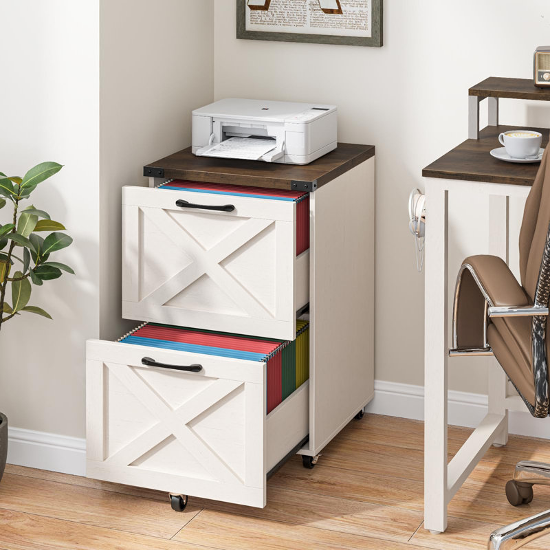 2 Drawer Small File Cabinet With Wheels, Rustic White
