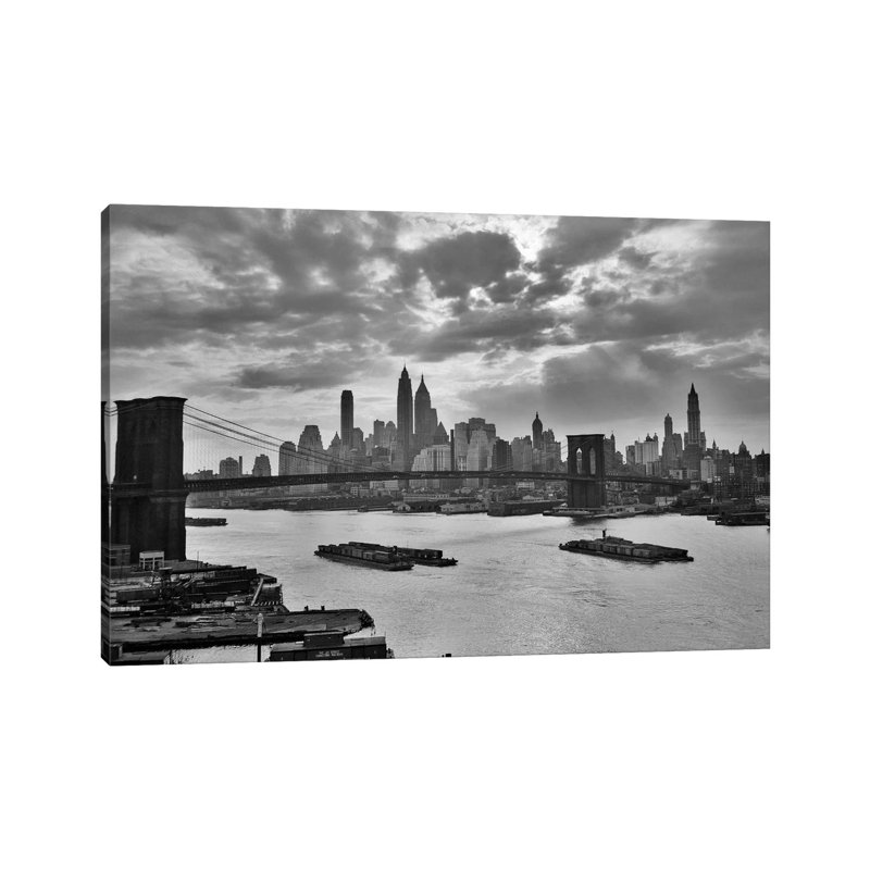 1940s-1950s Dramatic Sunset Downtown New York City Skyline with Brooklyn Bridge Barges in East River NYC, NY, USA 1 Piece Wrapped Canvas Wall Art