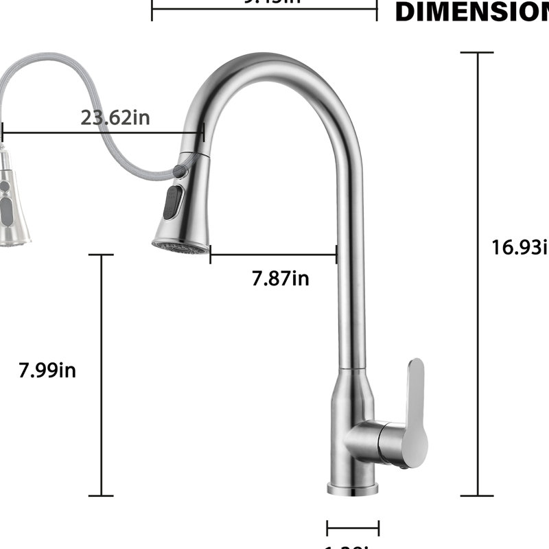 Robinet en acier inoxydable brossé nickelé pour la cuisine - bec à grand arc, tuyau rétractable, rotation à 360 degrés, installation et fonction simples avec 3 réglages de jet, poignée simple, guide fonctionnel