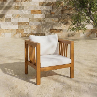 Fauteuil club d'extérieur en bois d'acacia avec accoudoirs carrés modernes, fauteuil de patio avec coussin épais, pieds réglables pour la piscine, la cour et la terrasse, coussin beige