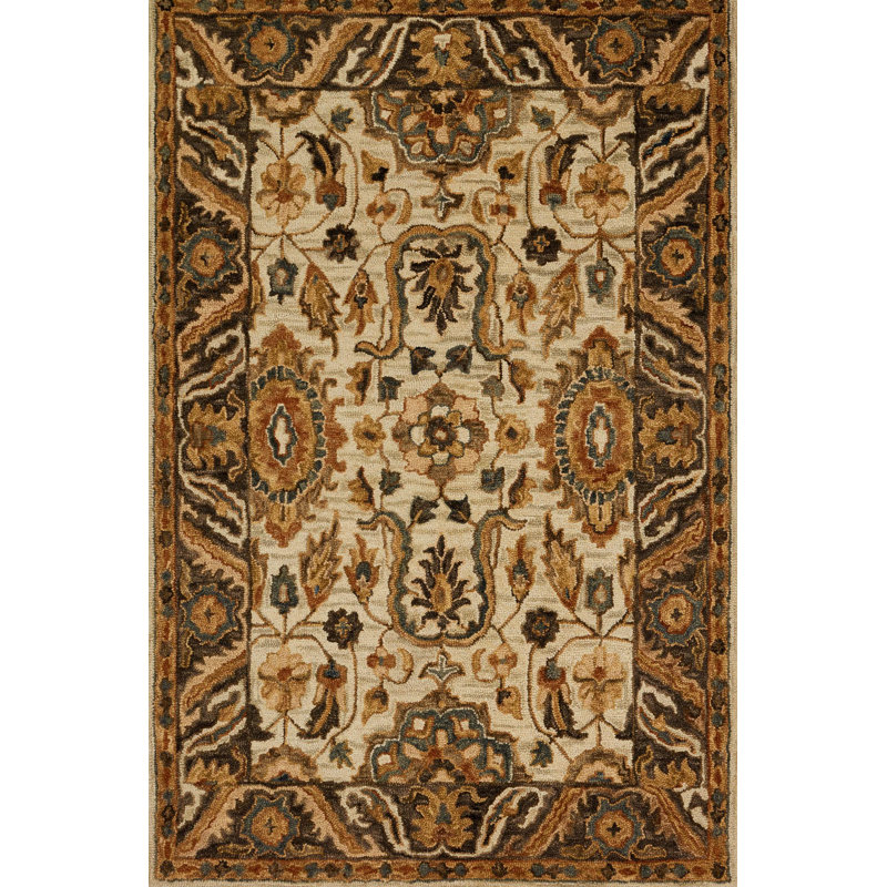 Tapis oriental beige / brun en laine crocheté à la main Asan, Rectangle 9 pi 3 po x 13 pi