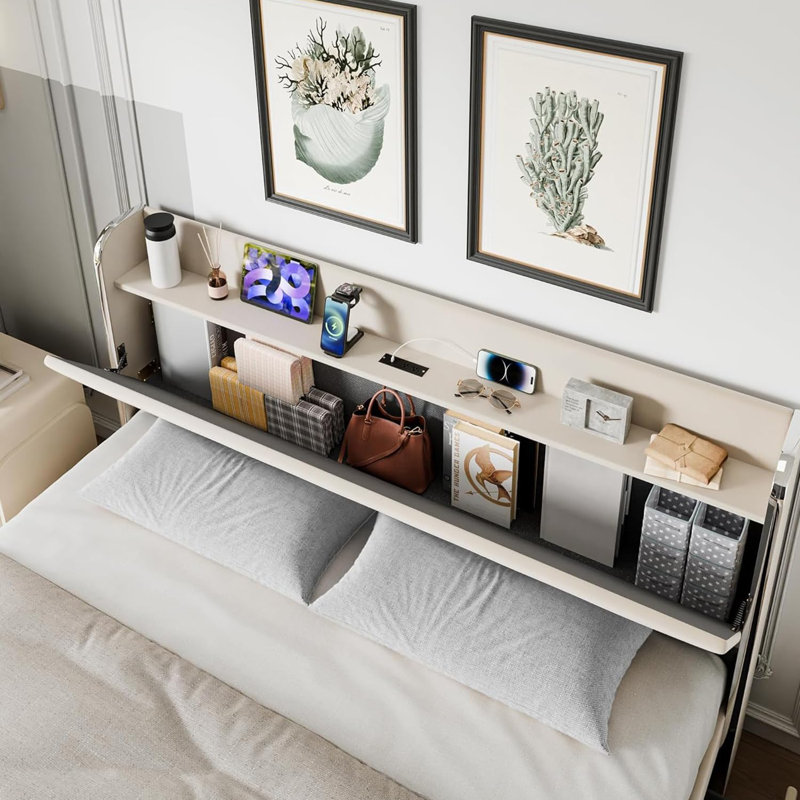 Structure de lit double avec tête de lit avec rangement et 4 tiroirs, plateforme recouverte de velours beige, station de charge, assemblage facile