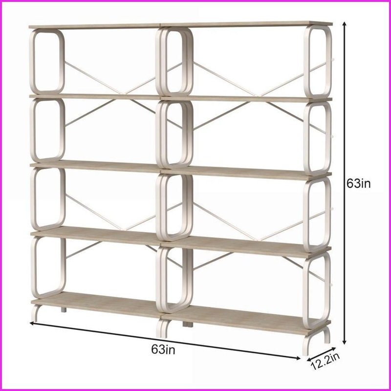 Bookshelf, 5-Tier Industrial Open Bookcase with White Metal Frame | White | MDF+Iron
