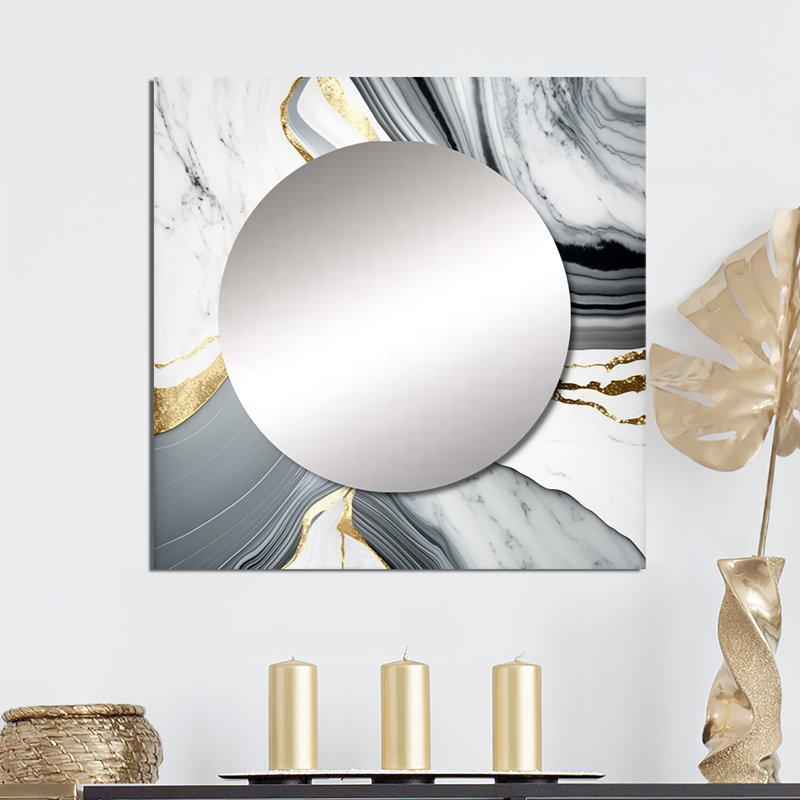 Miroir abstrait géométrique en marbre gris II, 36 po x 36 po