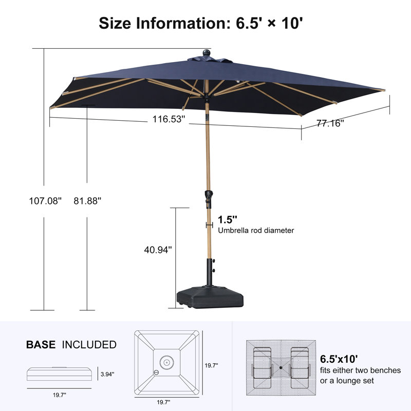 Parasol bleu marine de 6,5 pi x 10 pi avec base et parasol bleu marine de marché, Marine