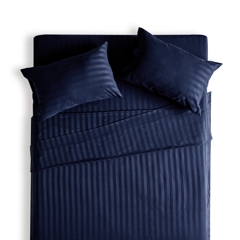 Sateen Striped Sheet Set, Navy Blue, Twin XL Sheet Set + Fitted Sheet + 1 Pillowcase