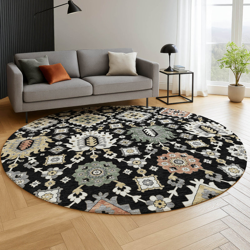 Premium Machine Washable Mayfield AMF2200 bohemian Rug, 8' Round, Black