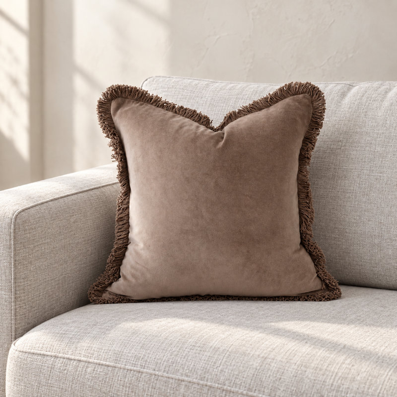 Housse de coussin décorative en velours doux à franges marron 45 cm, Carré 18 po, Brun